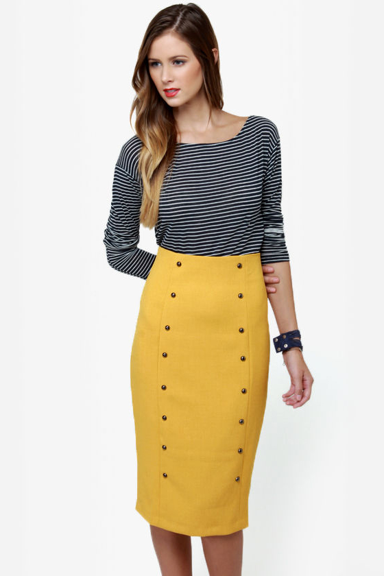 City Sleek-er Mustard Yellow Pencil Skirt
