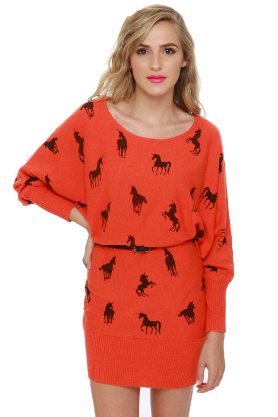 Unique-orn Orange Unicorn Print Sweater Dress