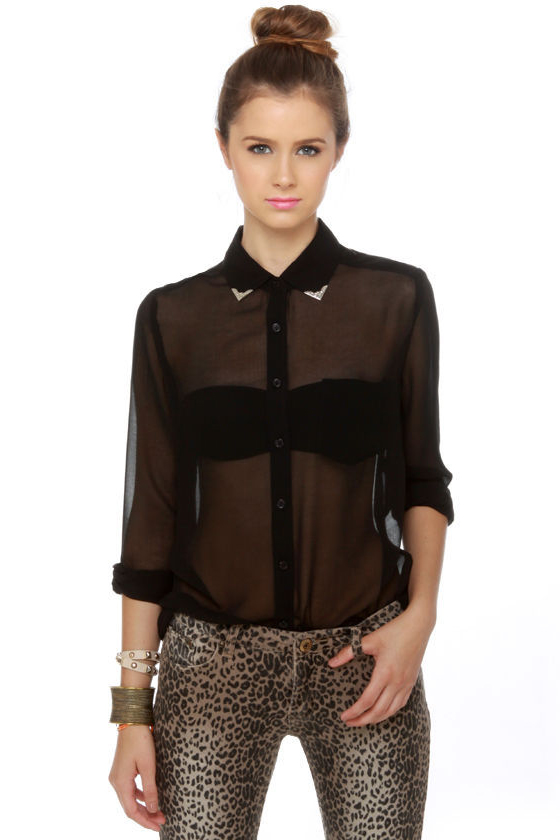 Gentleman Collar Sheer Black Top