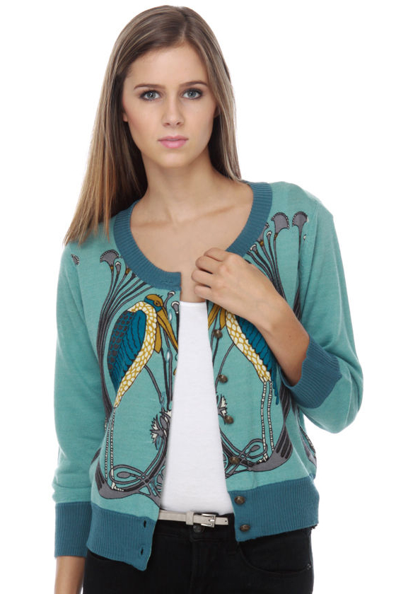 Knitted Dove Birds of a Feather Print Blue Sweater