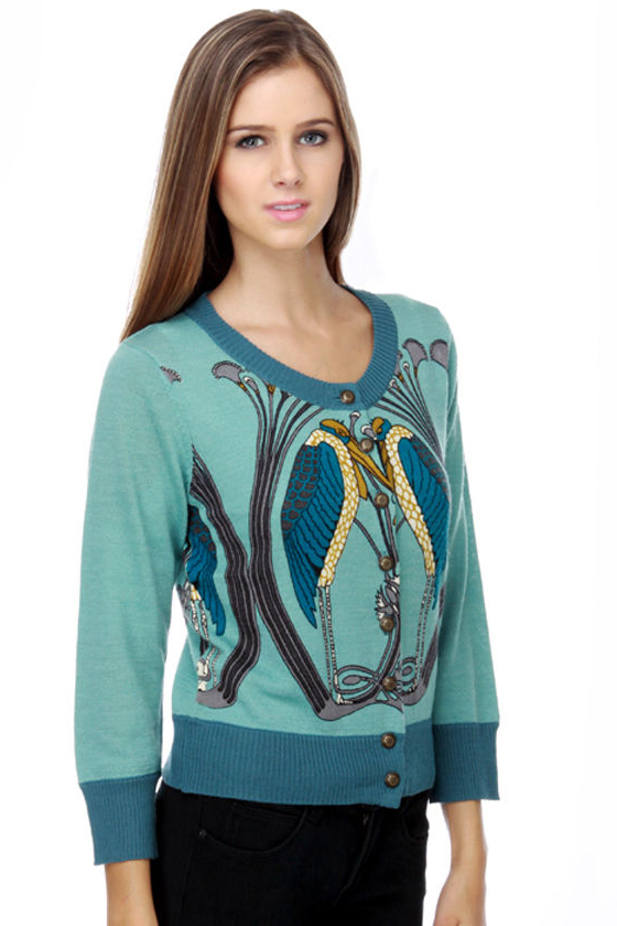 Knitted Dove Birds of a Feather Print Blue Sweater