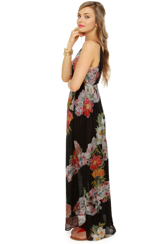Weather Patterns Black Floral Print Silk Maxi Dress