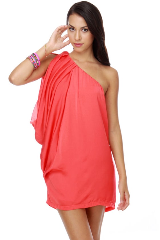 Lovely Coral Dress - One Shoulder Dress - Open Sleeve Dress - $46.00 ...