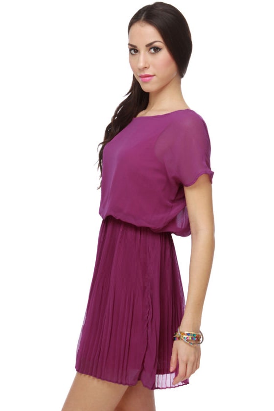 Bright Purple Dress - Pleated Dress - Chiffon Dress - Open Back Dress