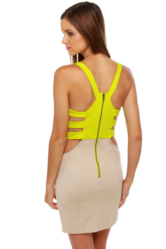 Too Hip to Handle Beige and Chartreuse Cutout Dress