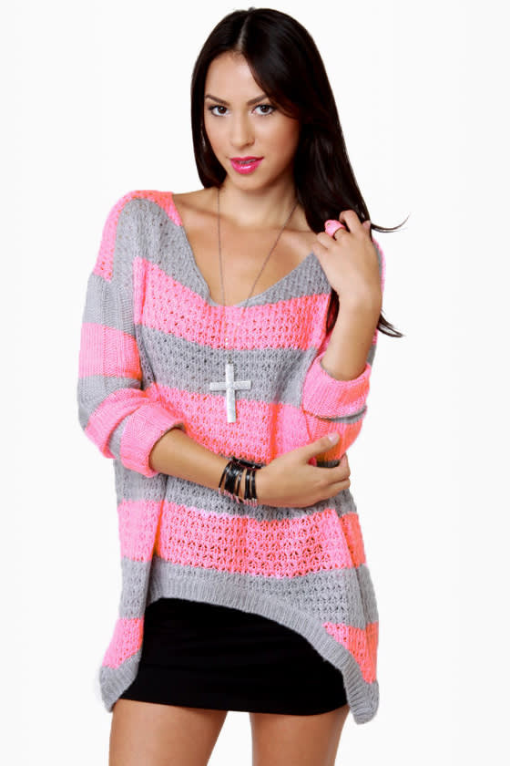 You Go Girl Grey and Neon Pink Striped Sweater