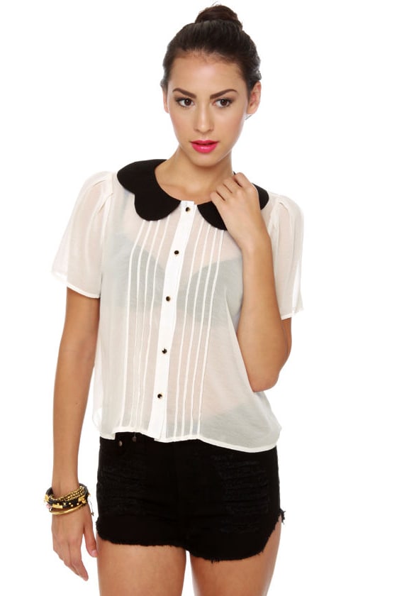 Cute Black and White Top Sheer Top Button Up Top 39.00 Lulus