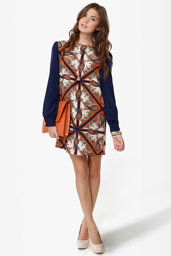 British Invasion Blue Scarf Print Shift Dress