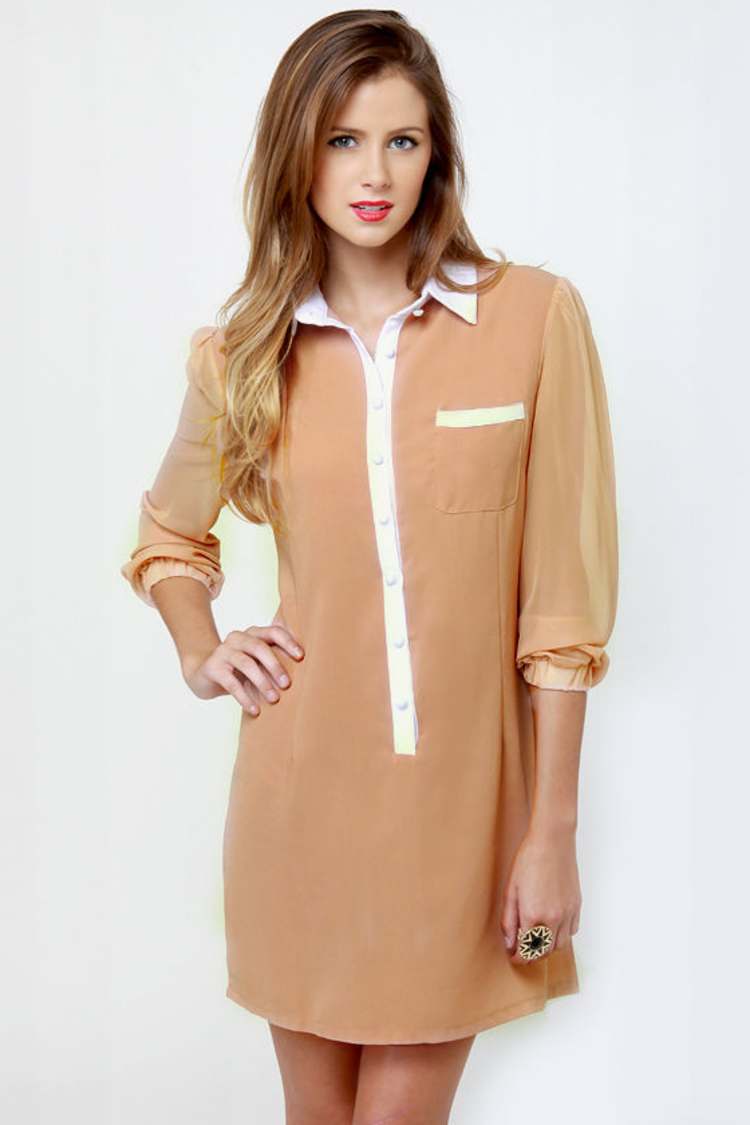 beige chiffon dress with sleeves 1950s Nude Silk Chiffon Dress with Bishop Sleeves – Style & Salvage main image 1