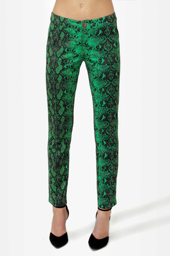 Snake It Till You Make It Green Snakeskin Print Pants