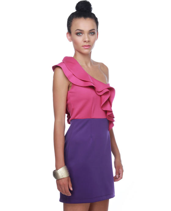 Hawaiian Lei One Shoulder Fuchsia and Purple Dress