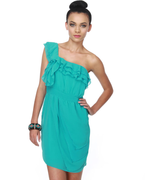 Darling Teal Dress - Ruffle Dress - One Shoulder Dress - $48.00 - Lulus
