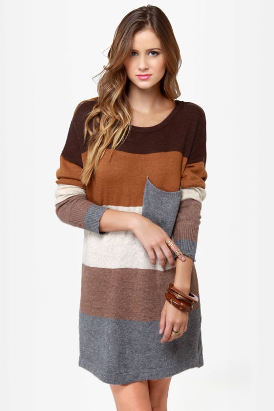 Verrassend Cozy Oversized Sweater Dress - Color Block Sweater Dress - Brown FK-36