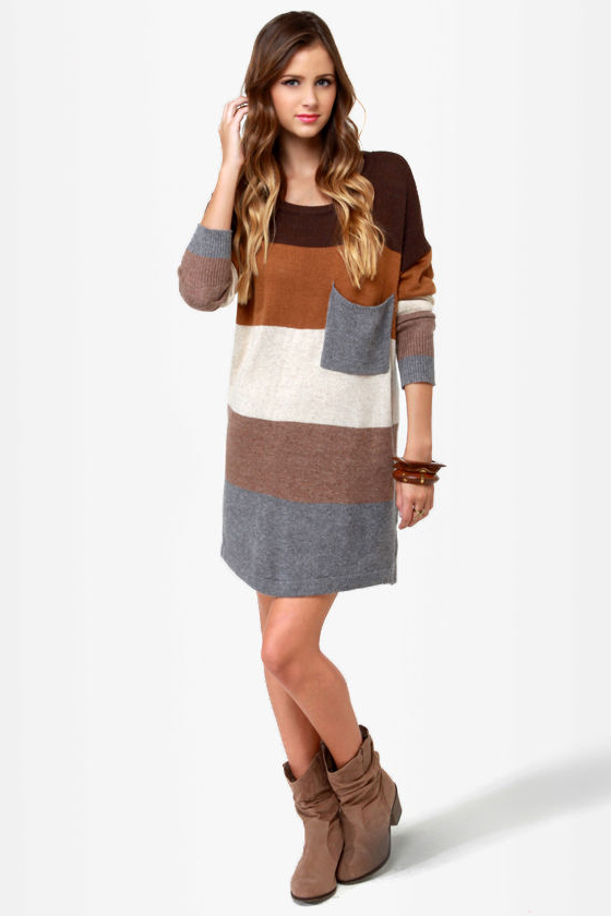 Hot Cocoa Brown Striped Sweater Dress
