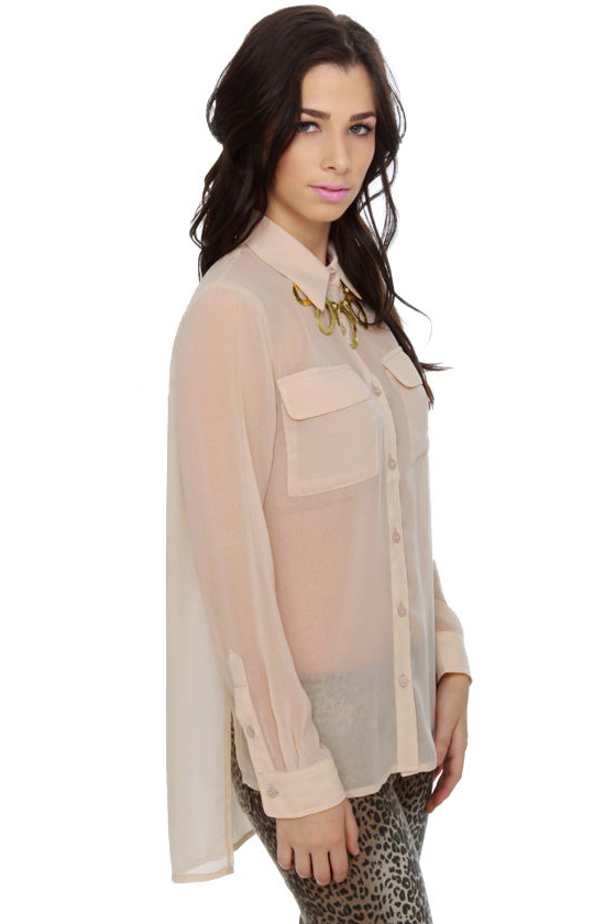 Trivia Night Beige Button-Up Top