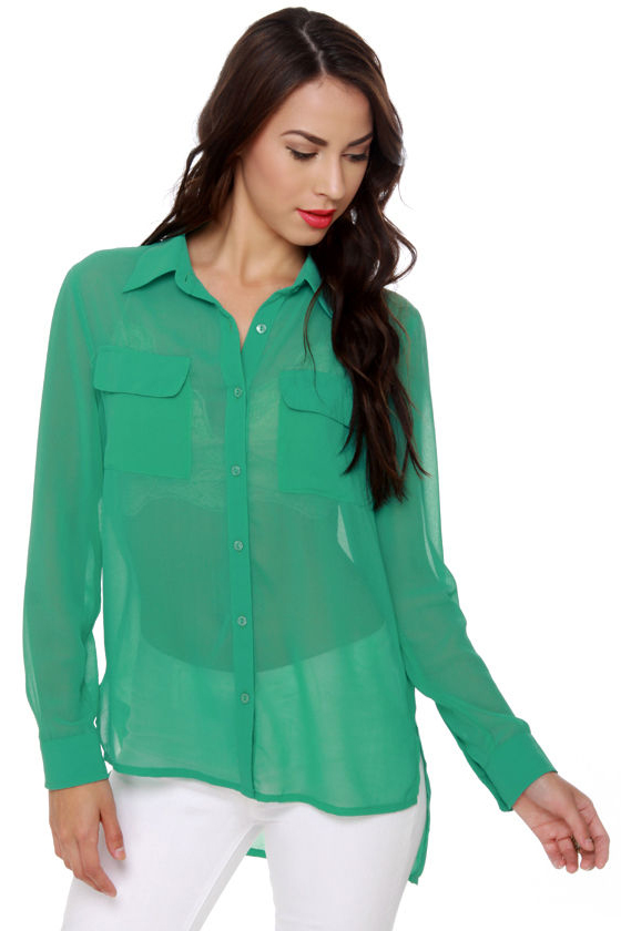 Trivia Night Mint Green Button-Up Top