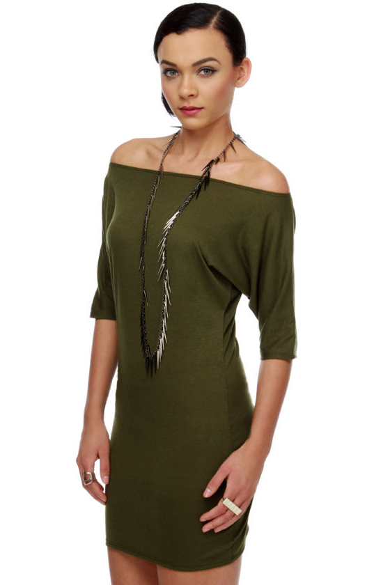 Lamixx Off the Shoulder Olive Green Dress