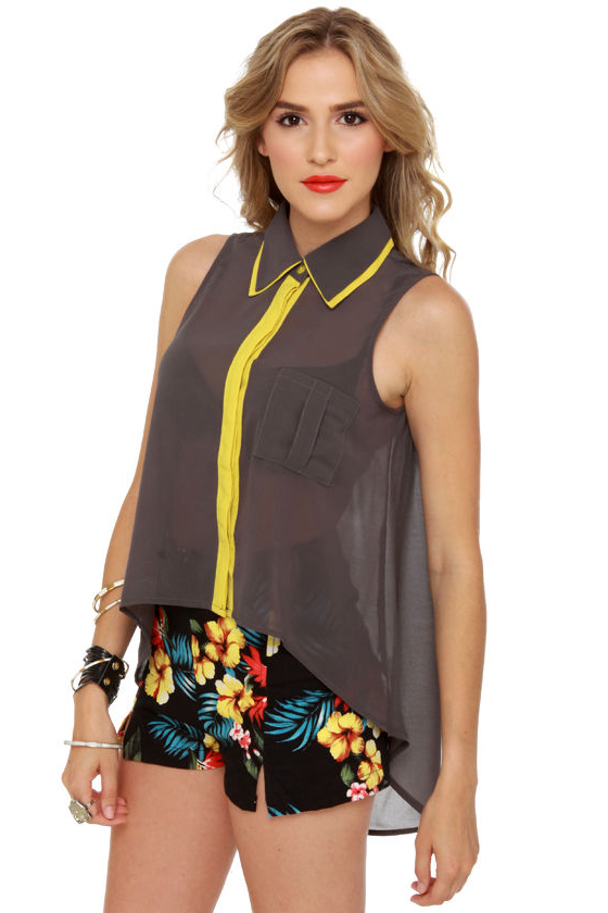 Dubbed Version Grey Button-Up Top
