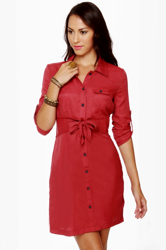 Cute Red Dress - Shirt Dress - Long Sleeve Dress - $64.00 - Lulus