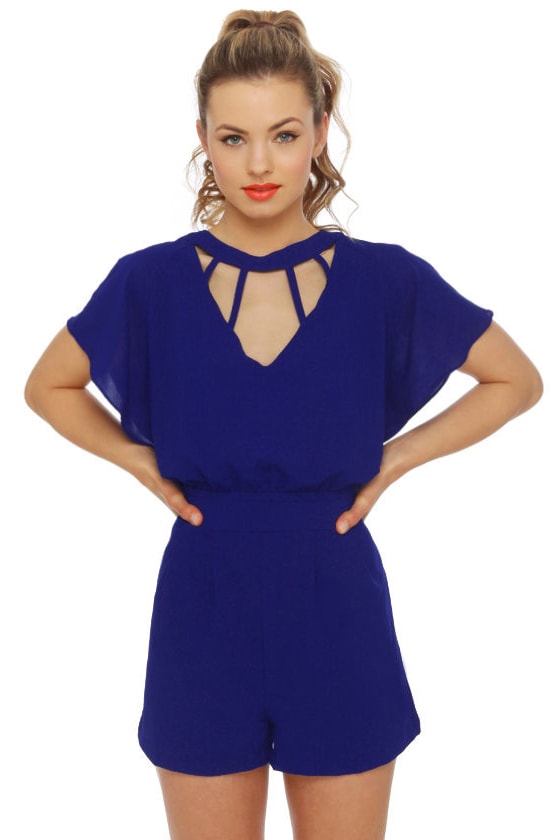 Royal Blue Romper Short Sleeve Romper 56.00 Lulus