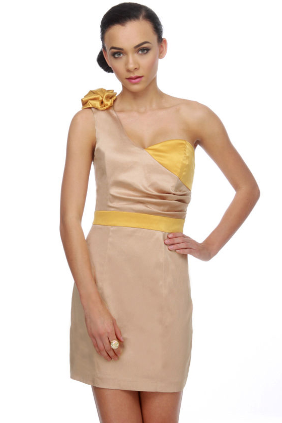 Candied Ginger One Shoulder Color Block Dress