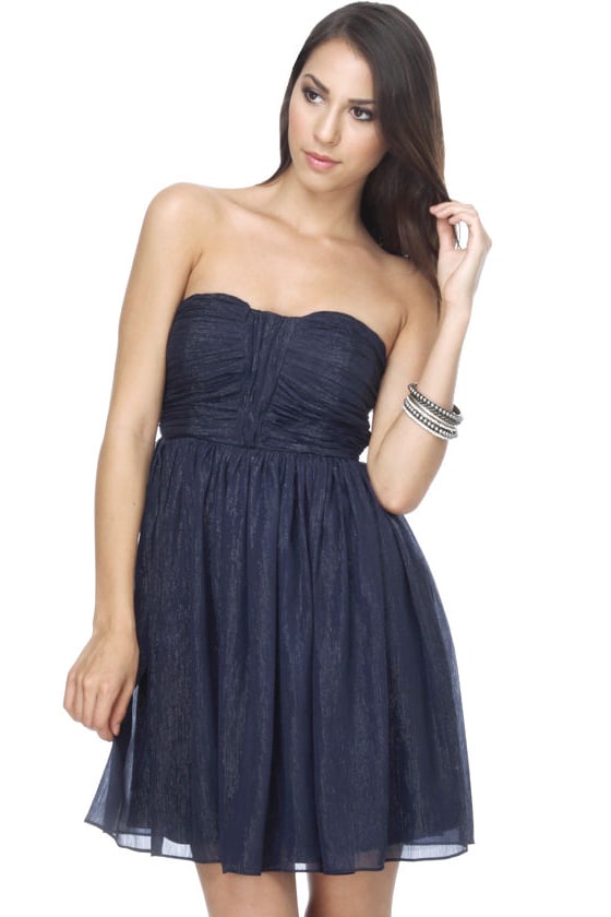 strapless navy blue gown