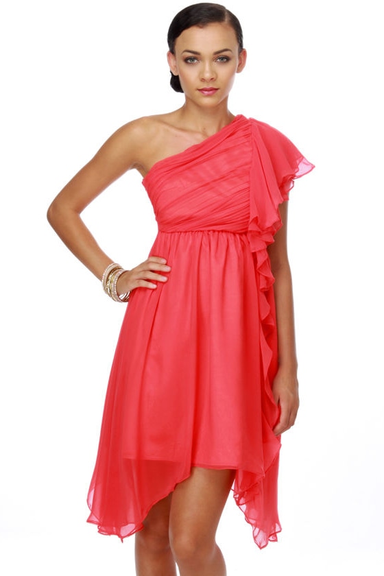 Gorgeous Coral Dress - One Shoulder Dress - Chiffon Dress - $70.00 - Lulus