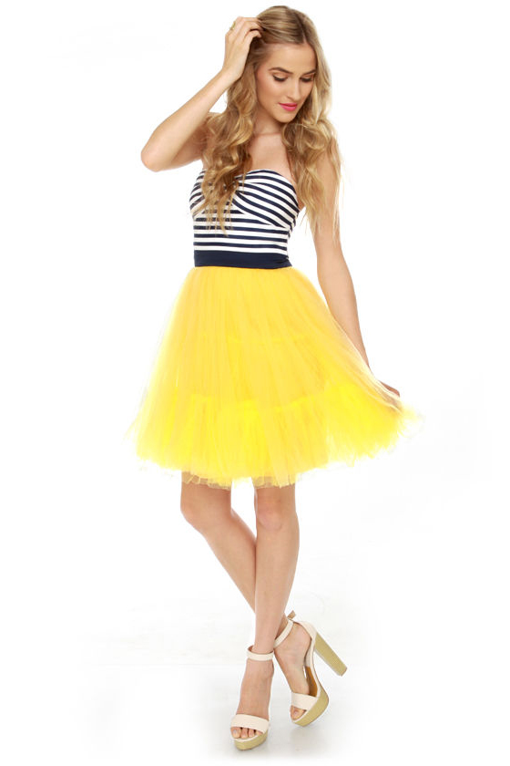Bradshaw's Beloved Strapless Navy and Yellow Dress
