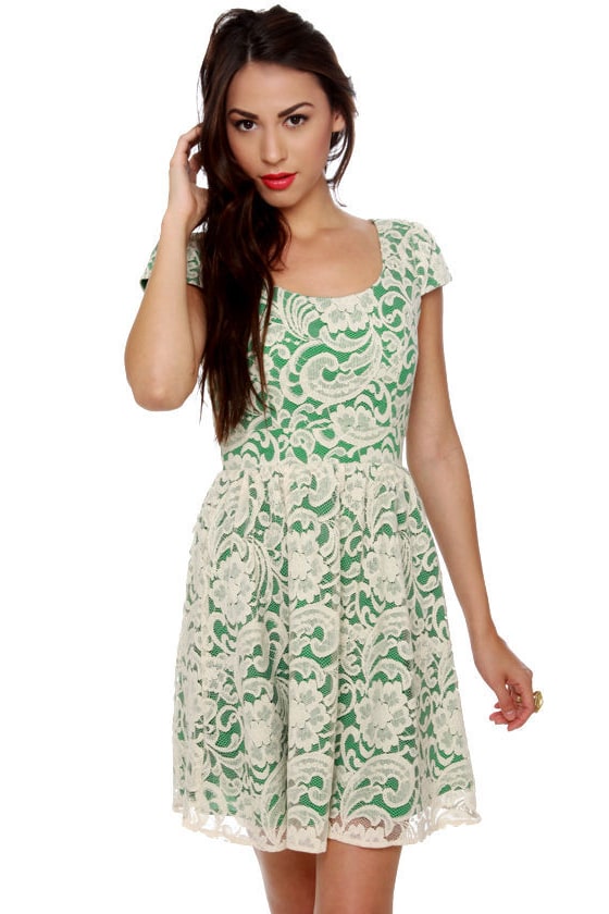 Lovely Lace Dress - Cream Dress - Green Dress - $47.00 - Lulus