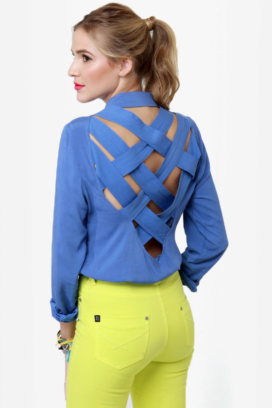 Cute As a Button-Up Backless Blue Top