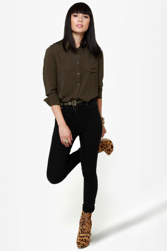 Cute As a Button-Up Backless Olive Green Top