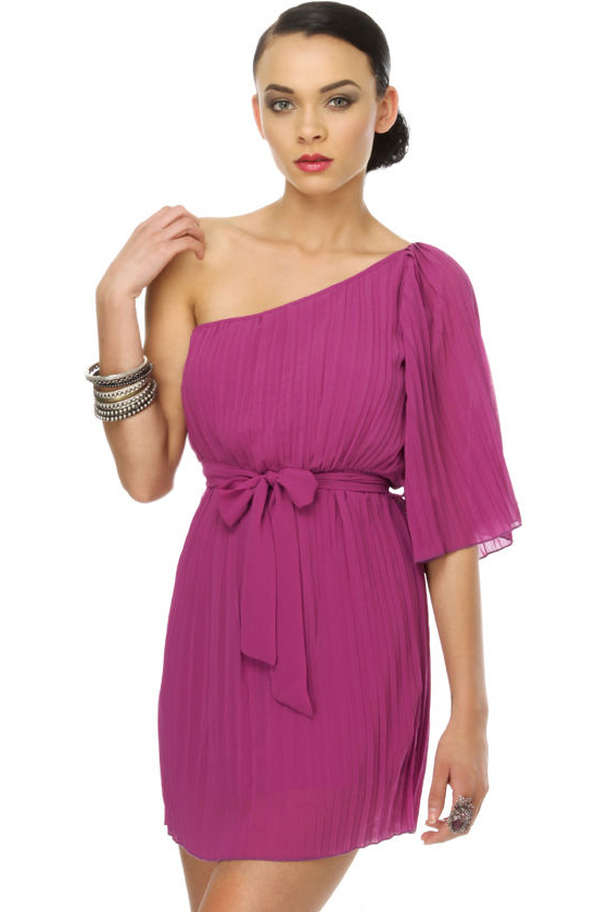 Purple One Shoulder Pleated Dress