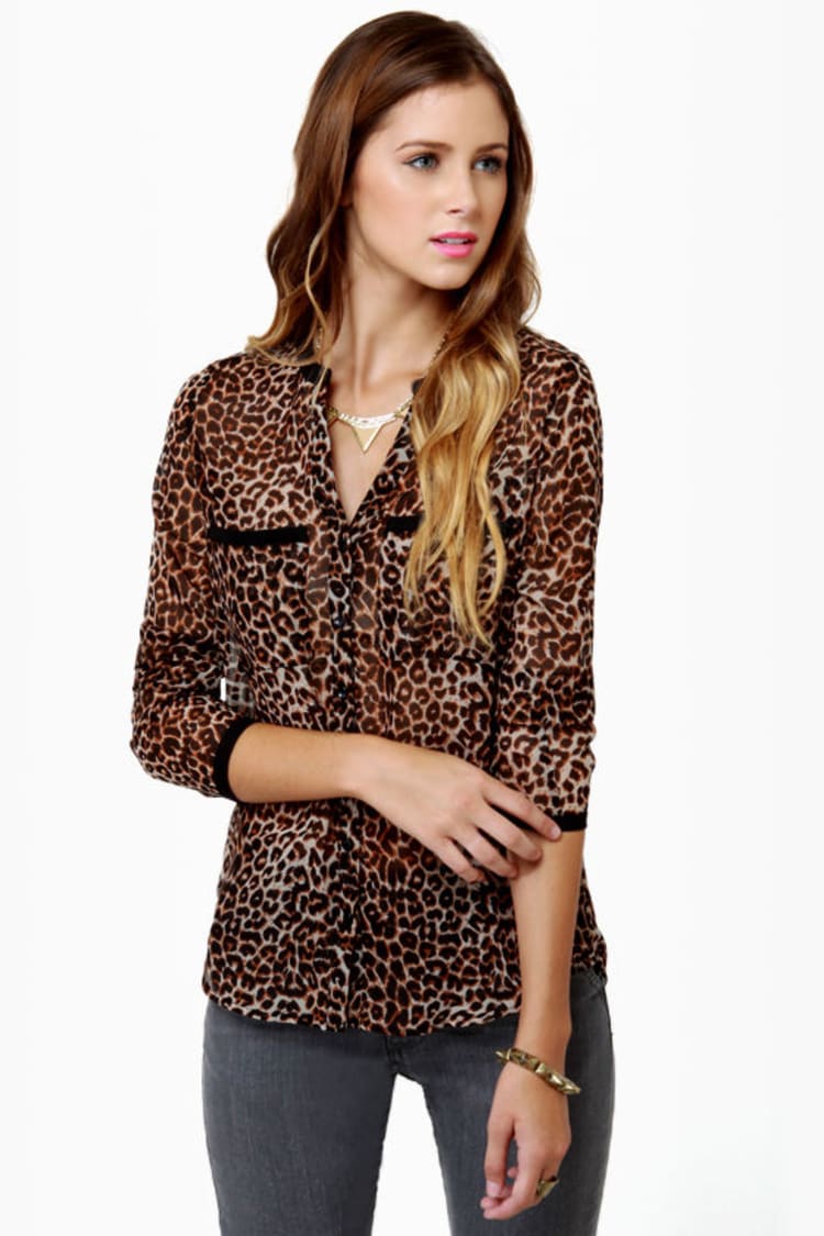 Olive Oak One Feline Day Sheer Leopard Print Top