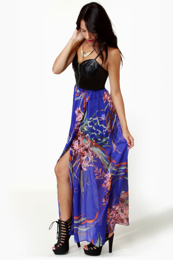 Bad to the Bustier Blue Floral Print Maxi Dress