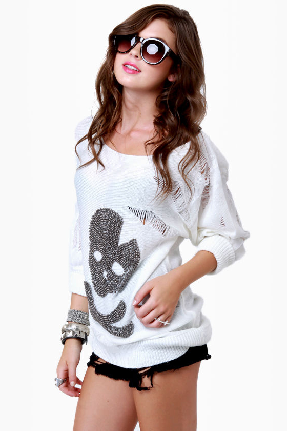 Crossbones Beaded Ivory Sweater