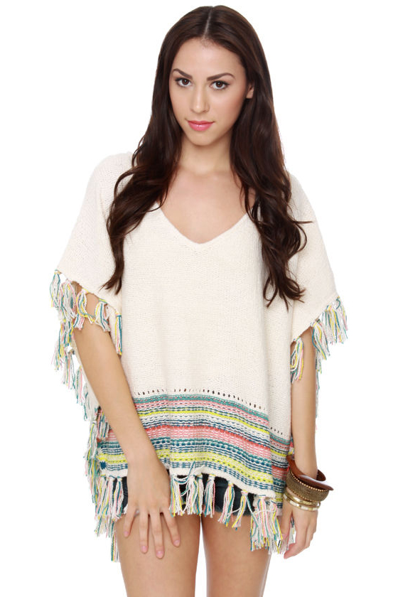 Roxy Serene Morning Fringed Cream Poncho Top