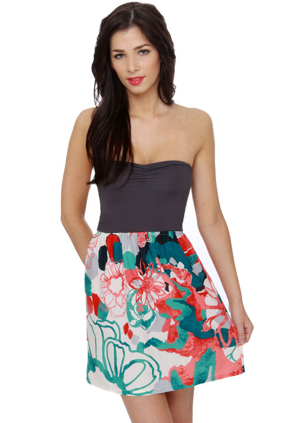 Roxy Savage Strapless Black Print Dress