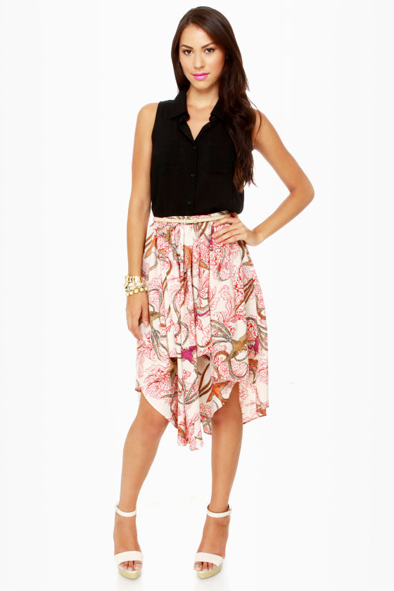 Birds in Paradise Bird Print Midi Skirt
