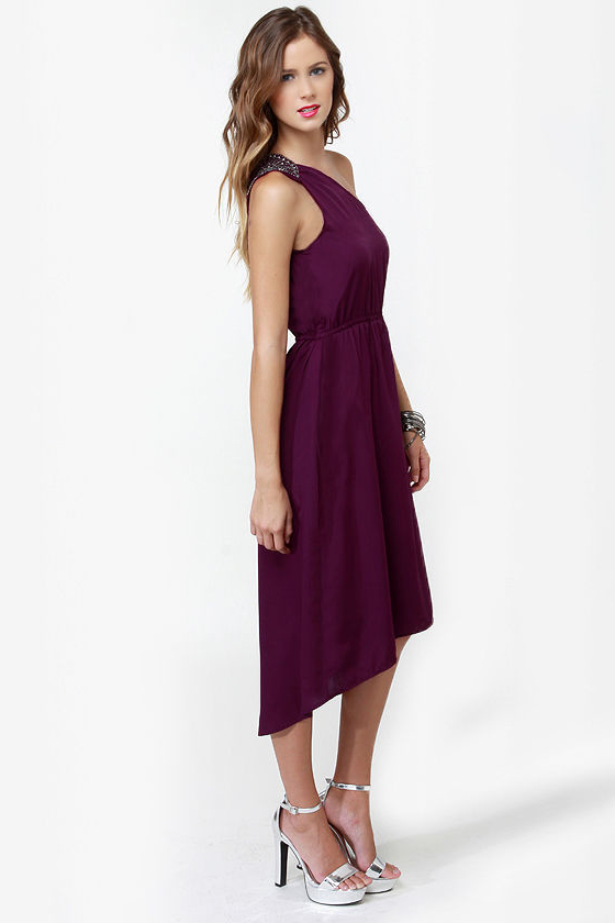 Women Purple One Shoulder Frill Belted Dress