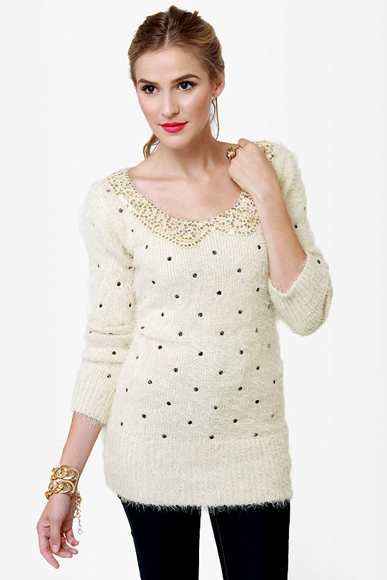 Fuzzy Dice Ivory Sequin Sweater
