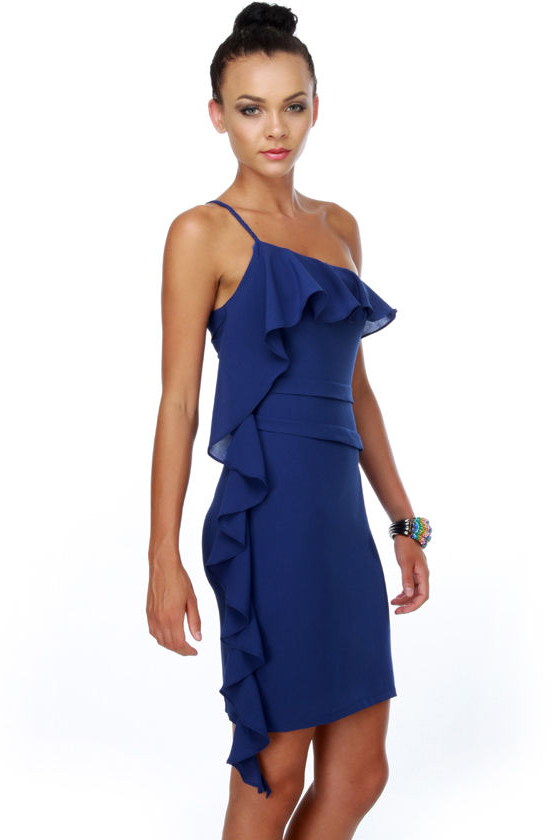 Dramatic Fanatic One Shoulder Blue Dress