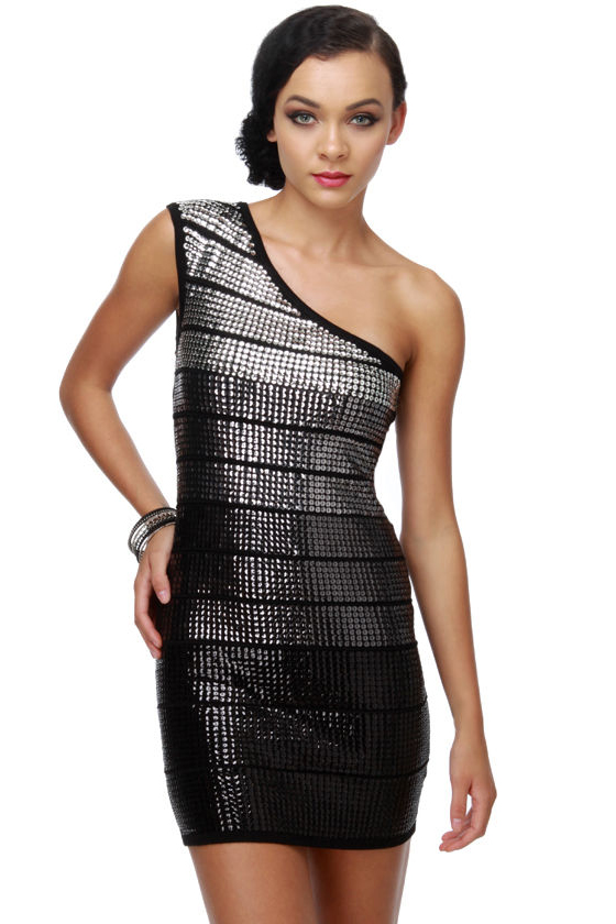 Hocus Pocus One Shoulder Sequin Black Dress