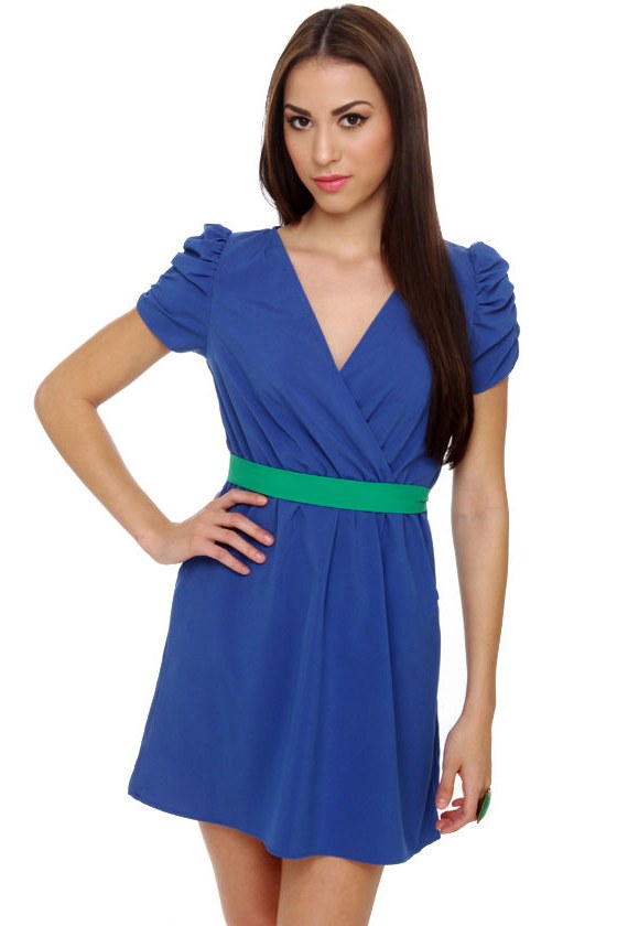 Cute Blue Dress - V Neck Dress - Short Sleeve Dress - $37.00