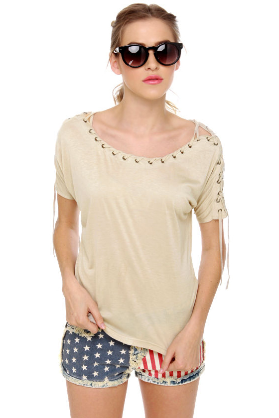 Major Lacer Short Sleeve Beige Top