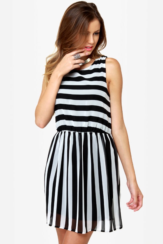 Pretty Black and White Dress - Striped ...