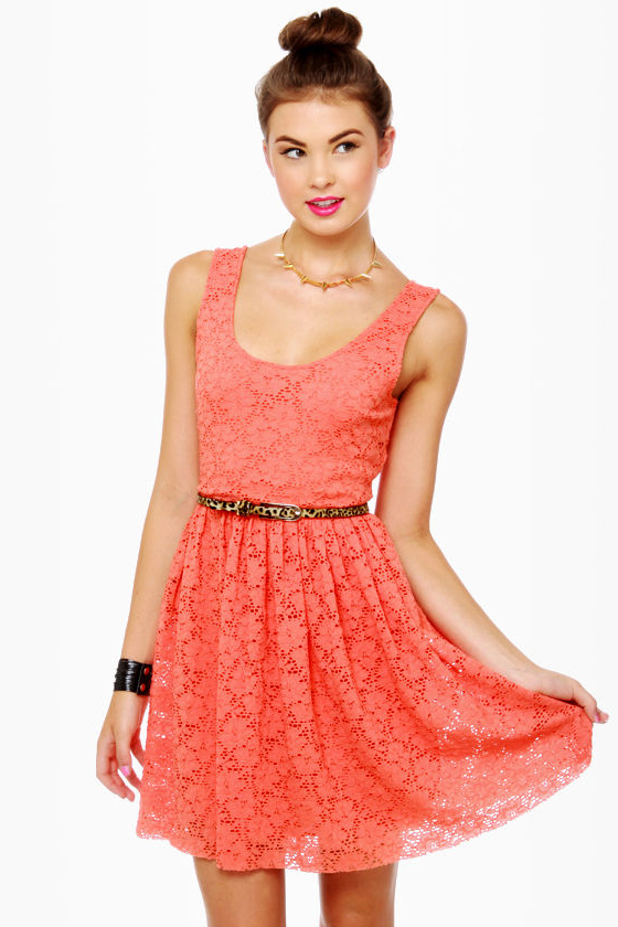 Coral Dress With Beige Lace Detail main image 0