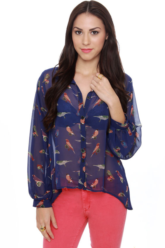 Bird is the Word Print Blue Top