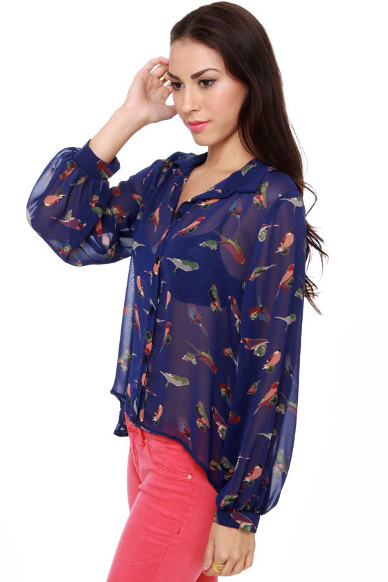 Bird is the Word Print Blue Top