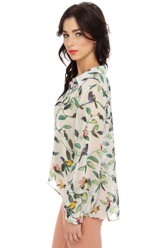 Bird is the Word Print Ivory Top