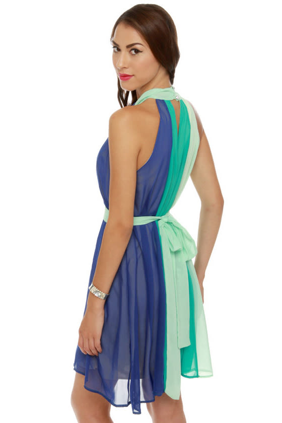 Pretty Color Block Dress - Aqua Dress - Halter Dress - $47.00